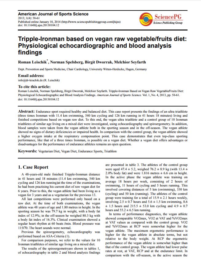 Tripple Ironman based on vegan raw diet - American Journal of Sports science 2014